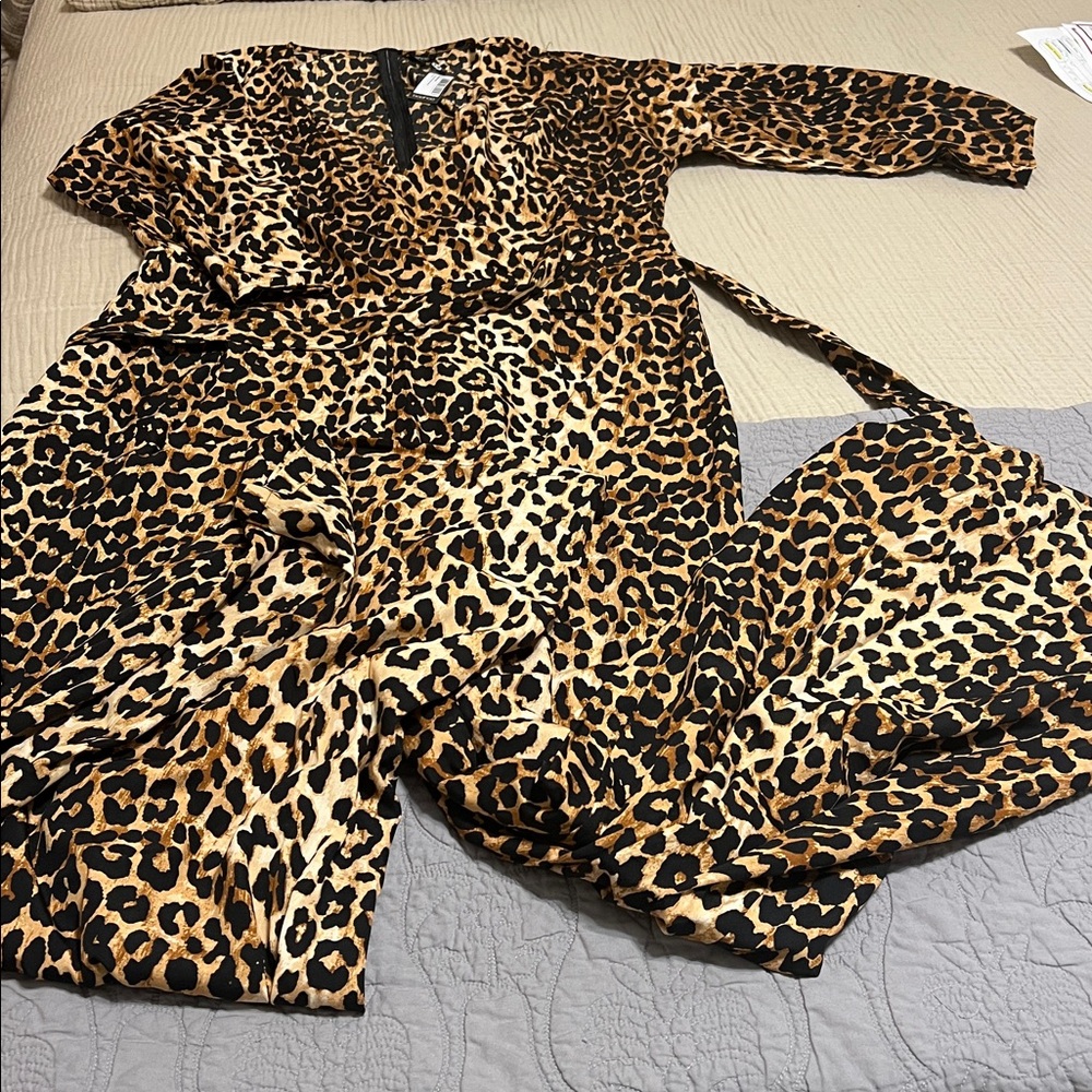 Plus Leopard Wrap Tie Belt Jumpsuit - Brown